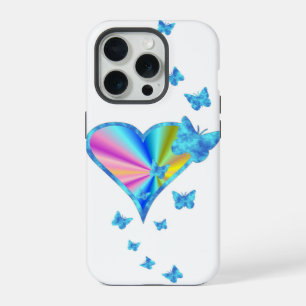 Coque iPhone 15 Pro Cœur Arc-en-ciel et Papillon