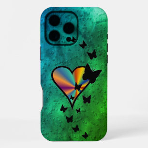 Coque iPhone 16 Pro Max Cœur arc-en-ciel et papillon