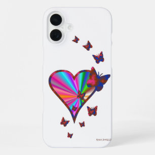 Coque iPhone 16 Plus Cœur Arc-en-ciel et Papillon