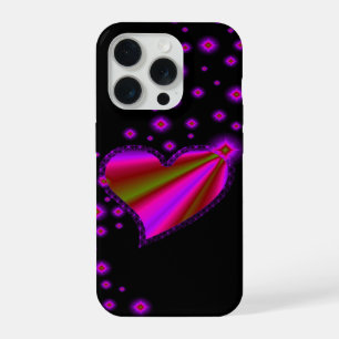 Coque iPhone 15 Pro Cœur arc-en-ciel rose rouge avec étoiles sur fond