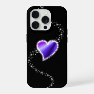 Coque iPhone 15 Pro Cœur arc-en-ciel violet avec étoiles sur fond noir