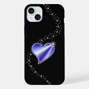 Coque iPhone 15 Plus Cœur arc-en-ciel violet avec étoiles sur fond noir