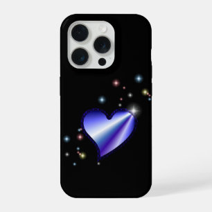 Coque iPhone 15 Pro Cœur arc-en-ciel violet avec étoiles sur fond noir