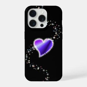 Coque iPhone 15 Pro Cœur arc-en-ciel violet avec étoiles sur fond noir