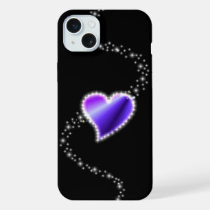 Coque iPhone 15 Plus Cœur arc-en-ciel violet avec étoiles sur fond noir