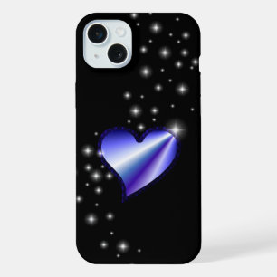 Coque iPhone 15 Plus Cœur arc-en-ciel violet avec étoiles sur fond noir