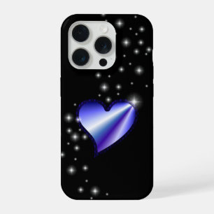Coque iPhone 15 Pro Cœur arc-en-ciel violet avec étoiles sur fond noir