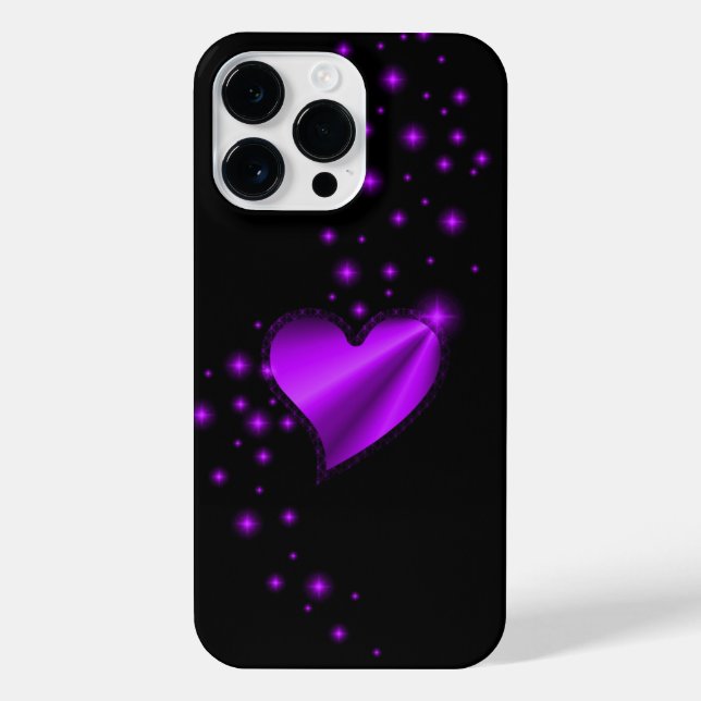 Coque iPhone Coeur arc-en-ciel violet avec étoiles sur noir (Verso)