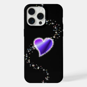Coque iPhone 15 Pro Max Coeur arc-en-ciel violet avec étoiles sur noir