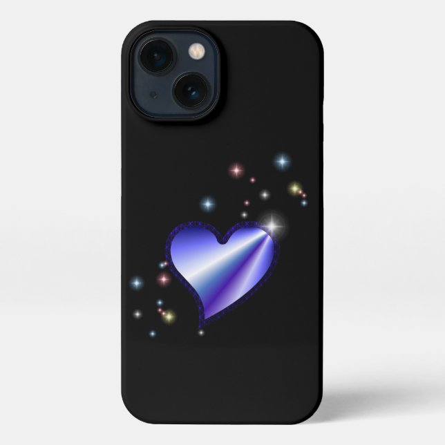Coque iPhone Coeur arc-en-ciel violet avec étoiles sur noir (Verso)