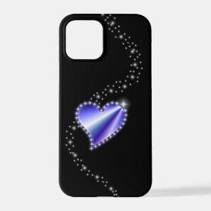 Coque iPhone 12 Pro Coeur arc-en-ciel violet avec étoiles sur noir