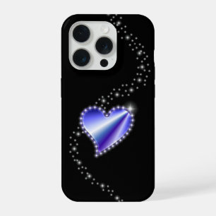 Coque iPhone 15 Pro Coeur arc-en-ciel violet avec étoiles sur noir