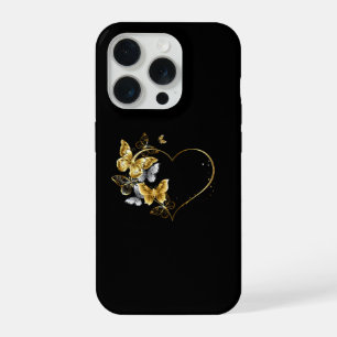 Coque iPhone 15 Pro Coeur aux papillons d'or