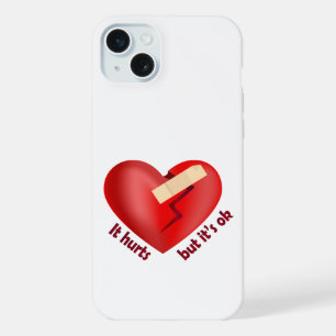 Coque iPhone 15 Plus Cœur brisé guéri avec patch et citation de vie