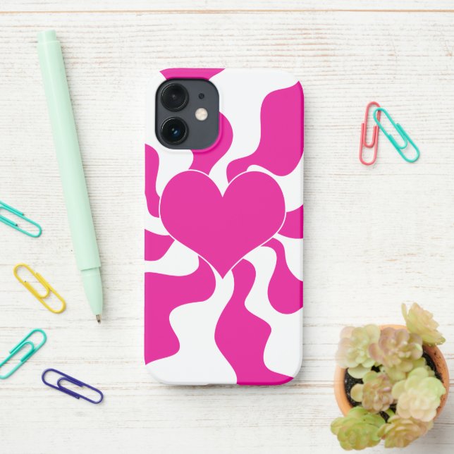 Coque iPhone Coeur d'amour en Magenta et Blanc (Sur le bureau)