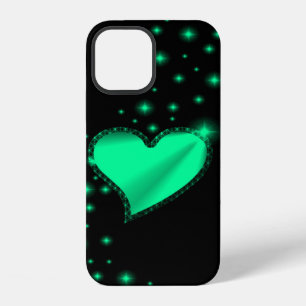 Coque iPhone 12 Cœur de l'arc-en-ciel vert avec des étoiles sur fo