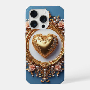 Coque iPhone 15 Pro Cœur d'Or Luxe ✨ Perle Élégante Romantique