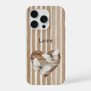 Coque iPhone 15 Pro Cœur en bois faux marron Papillons blancs Amour