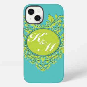 Etui iPhone 13 Cœur en Damas turquoise et lime HeartyParty