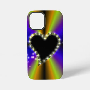 Coque iPhone 12 Mini Cœur noir avec des étoiles sur arc-en-ciel