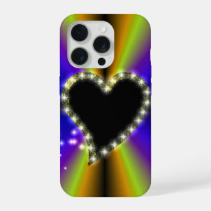 Coque iPhone 15 Pro Cœur noir avec des étoiles sur arc-en-ciel