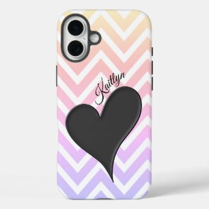 Coque iPhone 16 Plus Coeur noir sur Rainbow Chevron Stripe Téléphone Ca