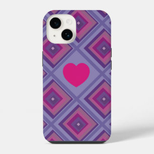 Coque Pour iPhone 14 Coeur rose Purple Diamond Girly Trend Carré Check
