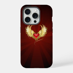 Coque iPhone 15 Pro Cœur rouge avec des ailes dorées