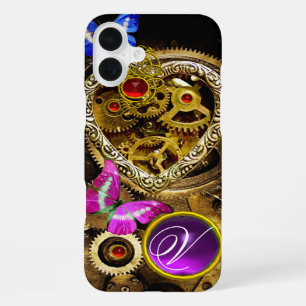 COQUE iPhone 16 PLUS CŒUR STEAM PUNK, ENGRENAGES, GEMMES, MONOGRAMME DE