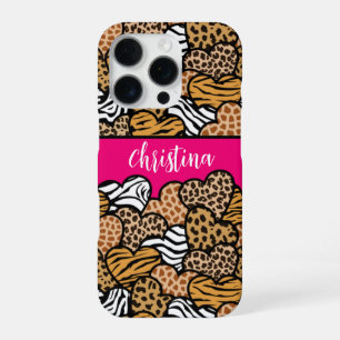 Coque iPhone 16 Pro Cœurs à Imprimé Animal Rose Féminin Nom 