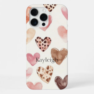 Coque iPhone 16 Pro Max Cœurs à Imprimé Léopard Rose Marron