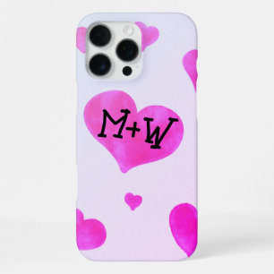 Coque iPhone 16 Pro Max Cœurs aquarelle rose avec initiales de noms de cou