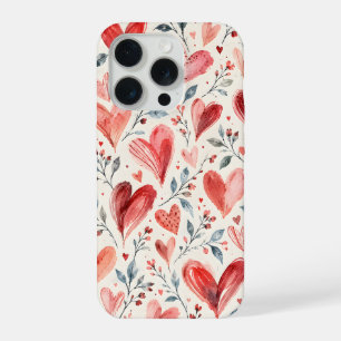 Coque iPhone 15 Pro Cœurs aquarelle rouges avec botaniques délicates
