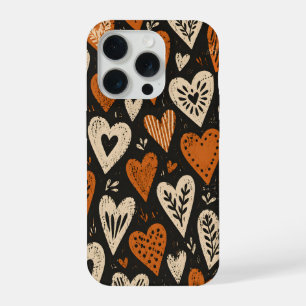 Coque iPhone 15 Pro Cœurs botaniques rustiques orange et ivoire sur fo
