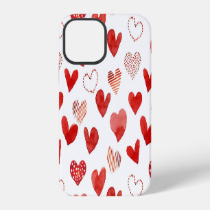 Coque iPhone 12 Cœurs d'amour rouges, motif aquarelle.