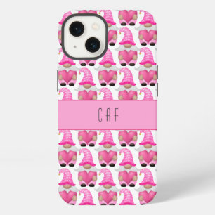 Etui iPhone 13 Cœurs de gnomes roses monogramme bois mignon