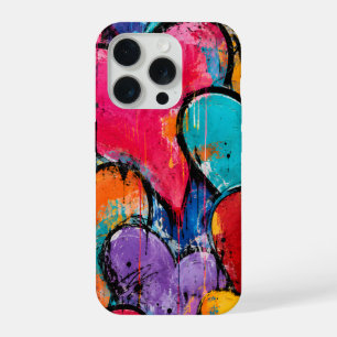 Coque iPhone 15 Pro Cœurs de graffiti vibrant en rose et turquoise