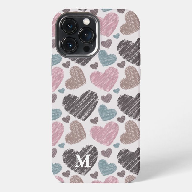 Coque iPhone Coeurs de scribble moderne Monogramme personnalisé (Verso)