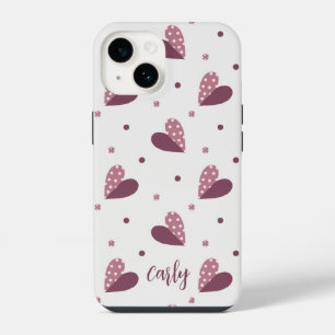 Coque Pour iPhone 14 Coeurs en Bourgogne Dusty Rose Pois