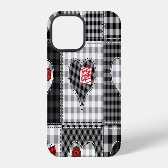 Coque iPhone Cœurs en patchwork noir et blanc sans couture. (Verso)