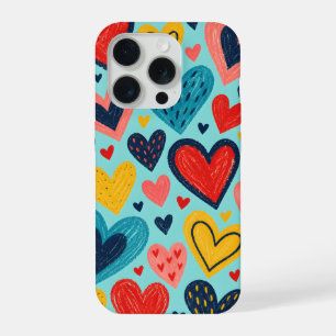 Coque iPhone 15 Pro Cœurs gribouillés colorés sur Aqua