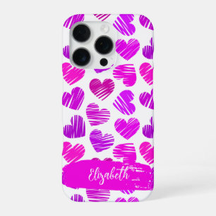 Coque iPhone 16 Pro Cœurs gribouillés rose violet moderne pour la Sain