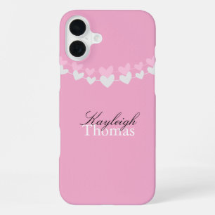 Coque iPhone 16 Plus Cœurs Personnalisés Rose et Blanc