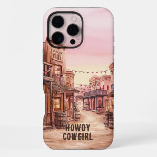 Coque iPhone 16 Pro Max Cœurs Rose Marron Cowgirl Ville Far West