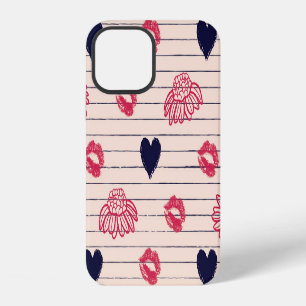 Coque iPhone 12 Coeurs rouges, lèvres, marguerites motif.