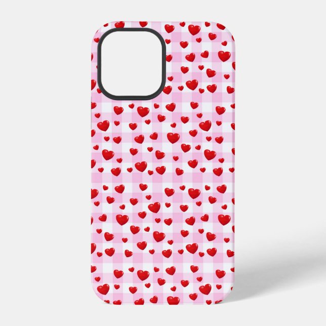 Coque iPhone cœurs rouges sur vichy rose (Verso)