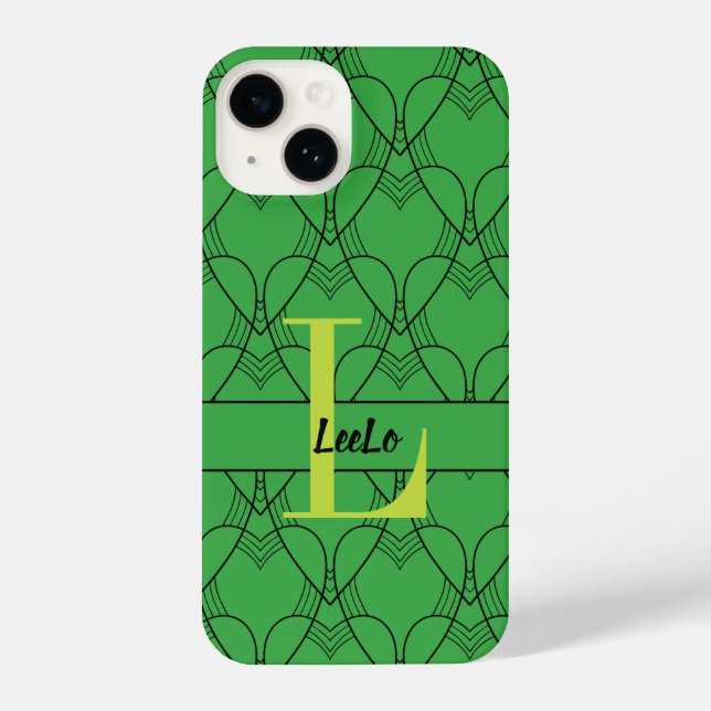 Coque iPhone Coeurs verts Motif Monogramme et nom personnalisé (Verso)