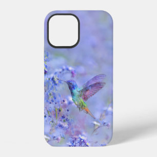 Coque iPhone 12 Colibri Oiseau & Fleurs de jardin bleu doux