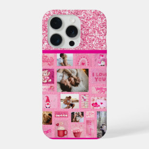 Coque iPhone 15 Pro Collage d'amour personnalisé avec 6 photos rose mi