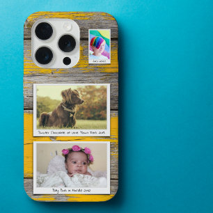 Coque iPhone 15 Pro Collage de 3 photos Rustique sur planches jaunes